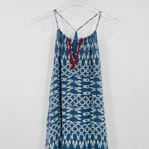 Lucky Brand Size XS Blue & White Boho Racerback Geometric Print Peasant Dress - Picture 2 of 9